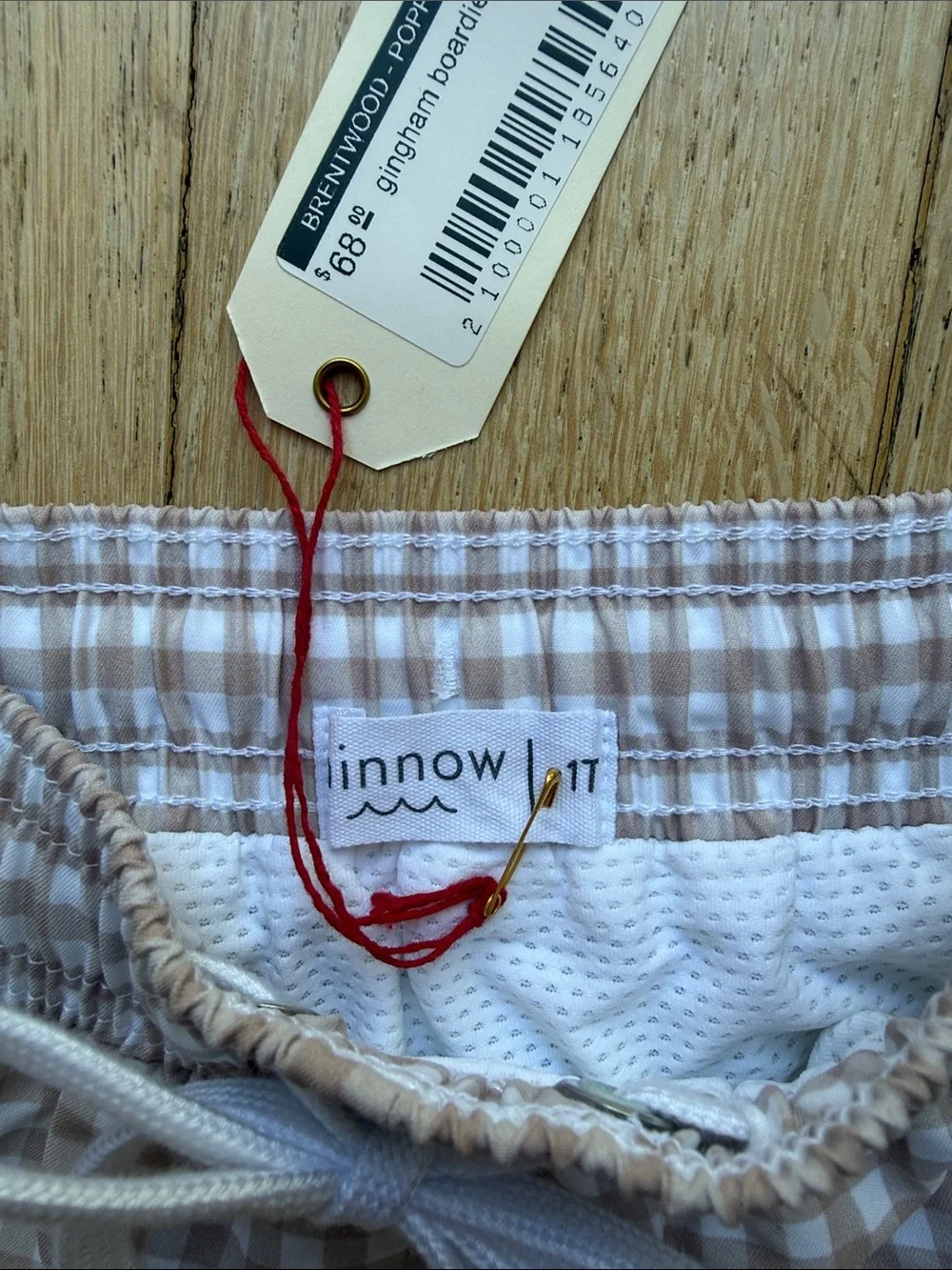 Boys Minnow Gingham Drawstring Shorts in Beige and White